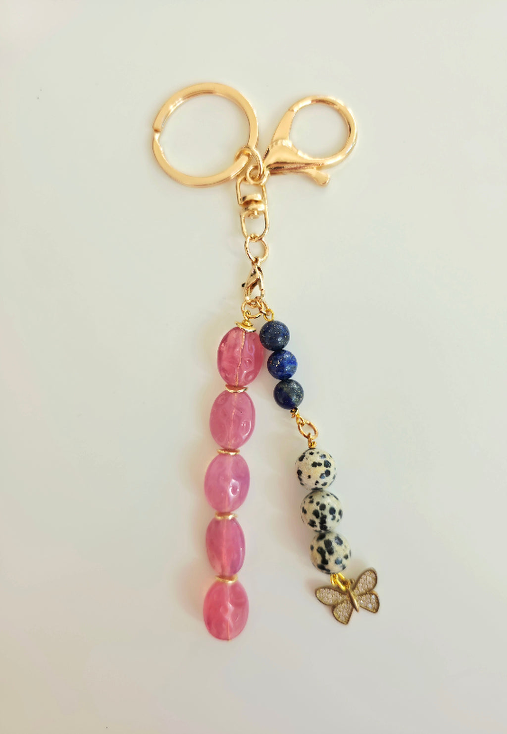 Pink Glass, Lapis Lazuli & Dalmatian Jasper Key Chain
