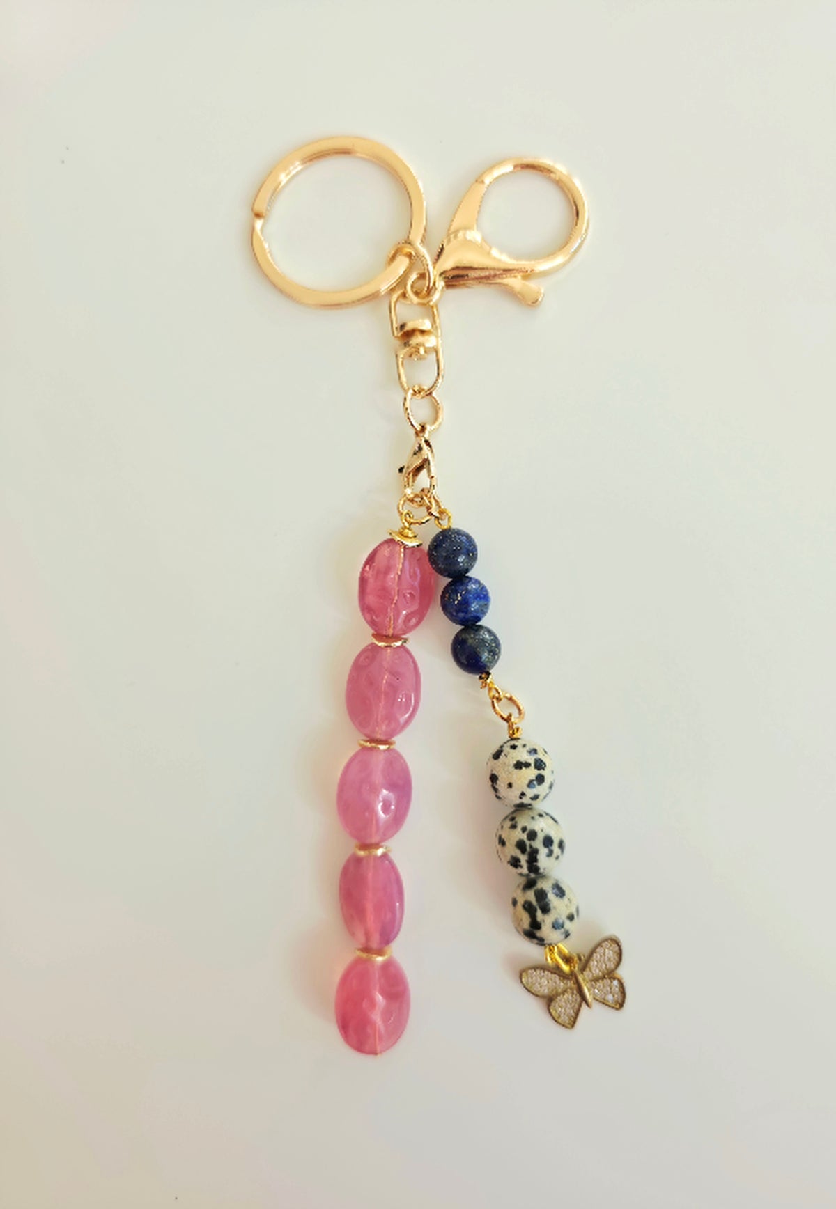 Pink Glass, Lapis Lazuli & Dalmatian Jasper Key Chain