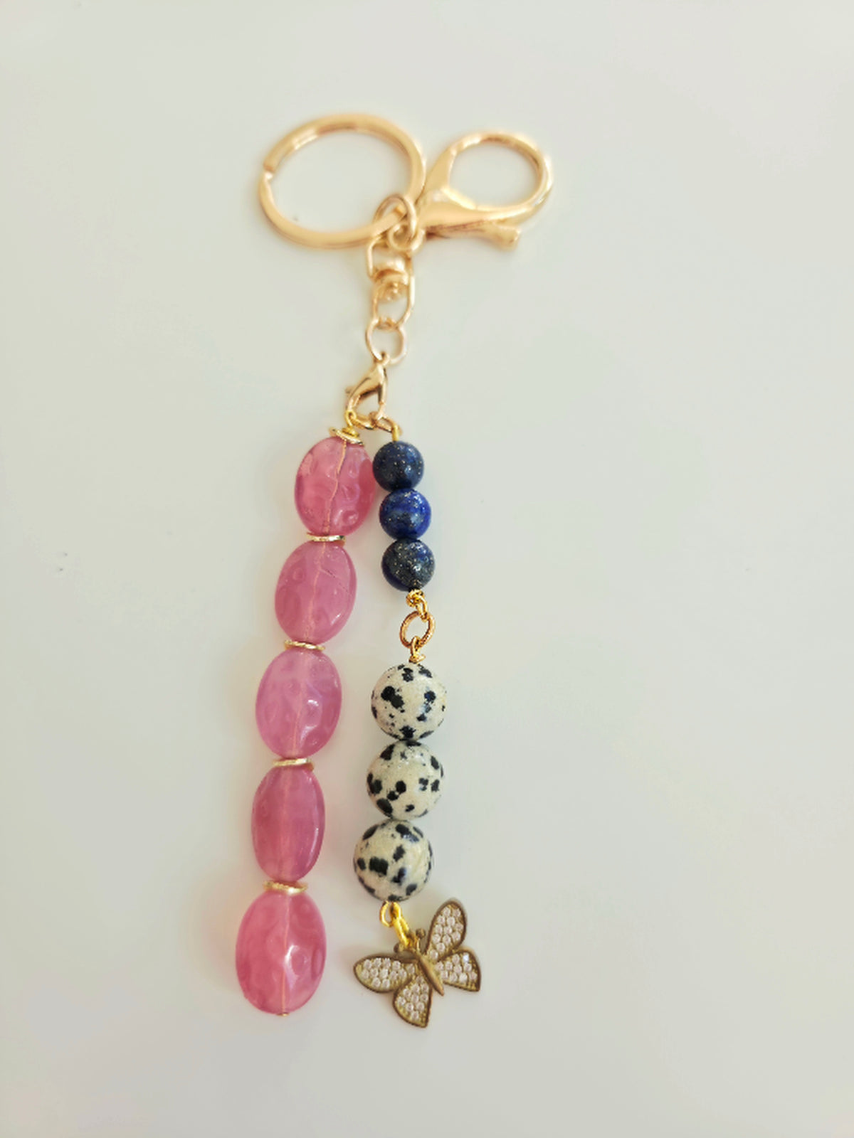 Pink Glass, Lapis Lazuli & Dalmatian Jasper Key Chain