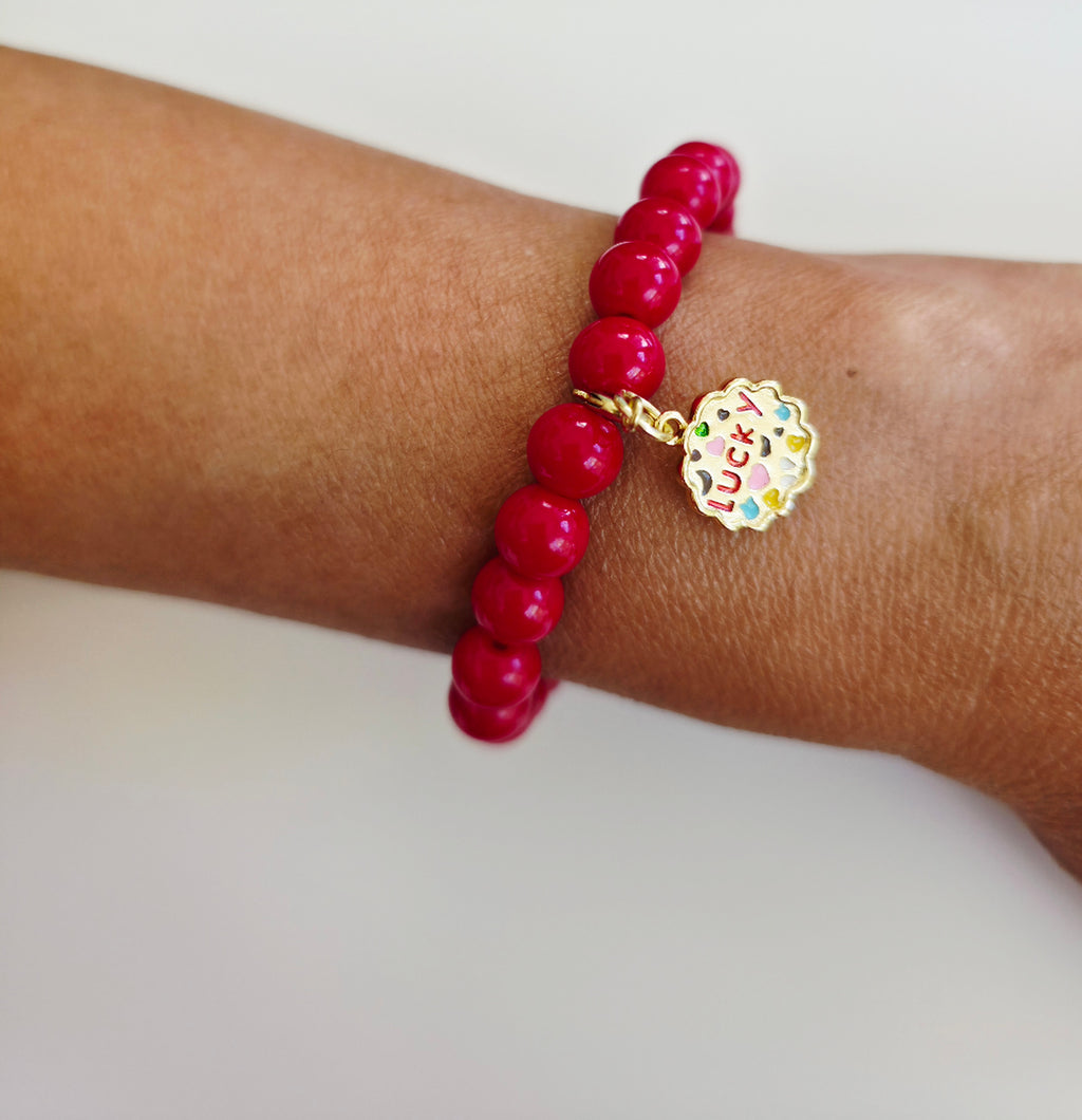 Red Jade Stretch Gemstone Lucky Charm Bracelet