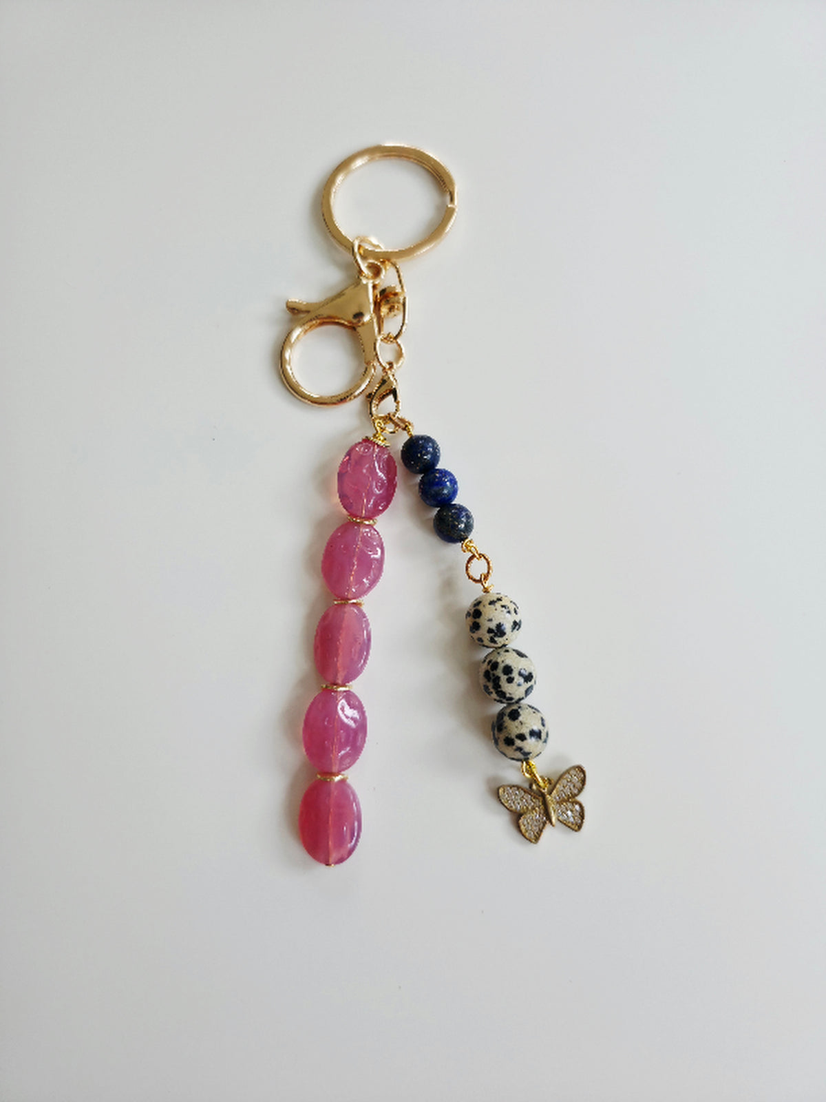 Pink Glass, Lapis Lazuli & Dalmatian Jasper Key Chain
